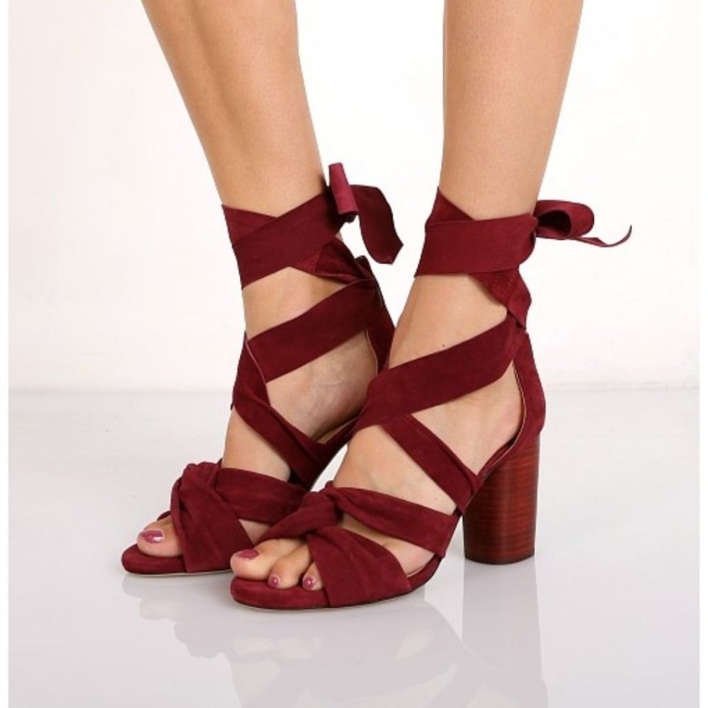 Raye Myra Wrap Burgundy Suede Crisscross High Heeled Open Toe Sandals Size 8.5